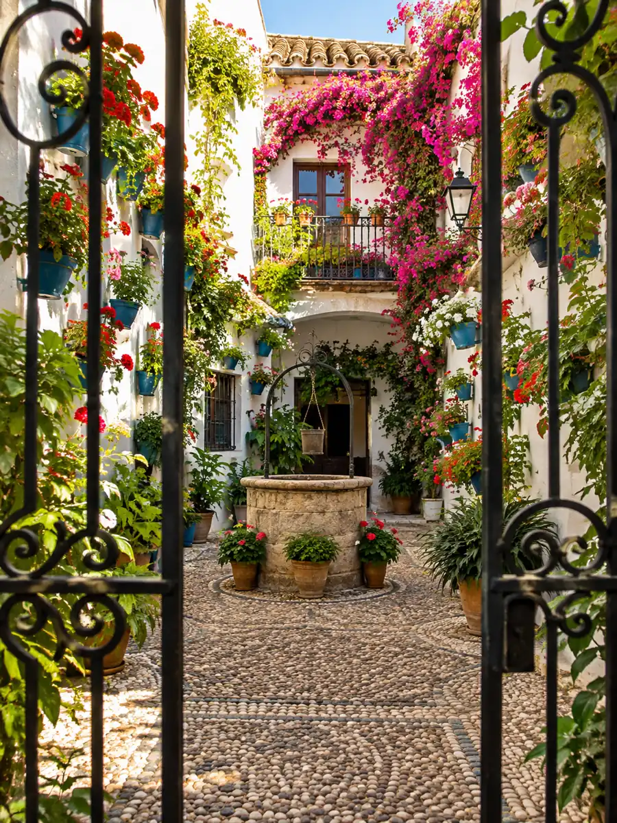 Illustration eines Hofes eines Palastes in Córdoba, gesehen durch ein schmiedeeisernes Tor, mit blauen Blumentöpfen und einem Steinbrunnen
