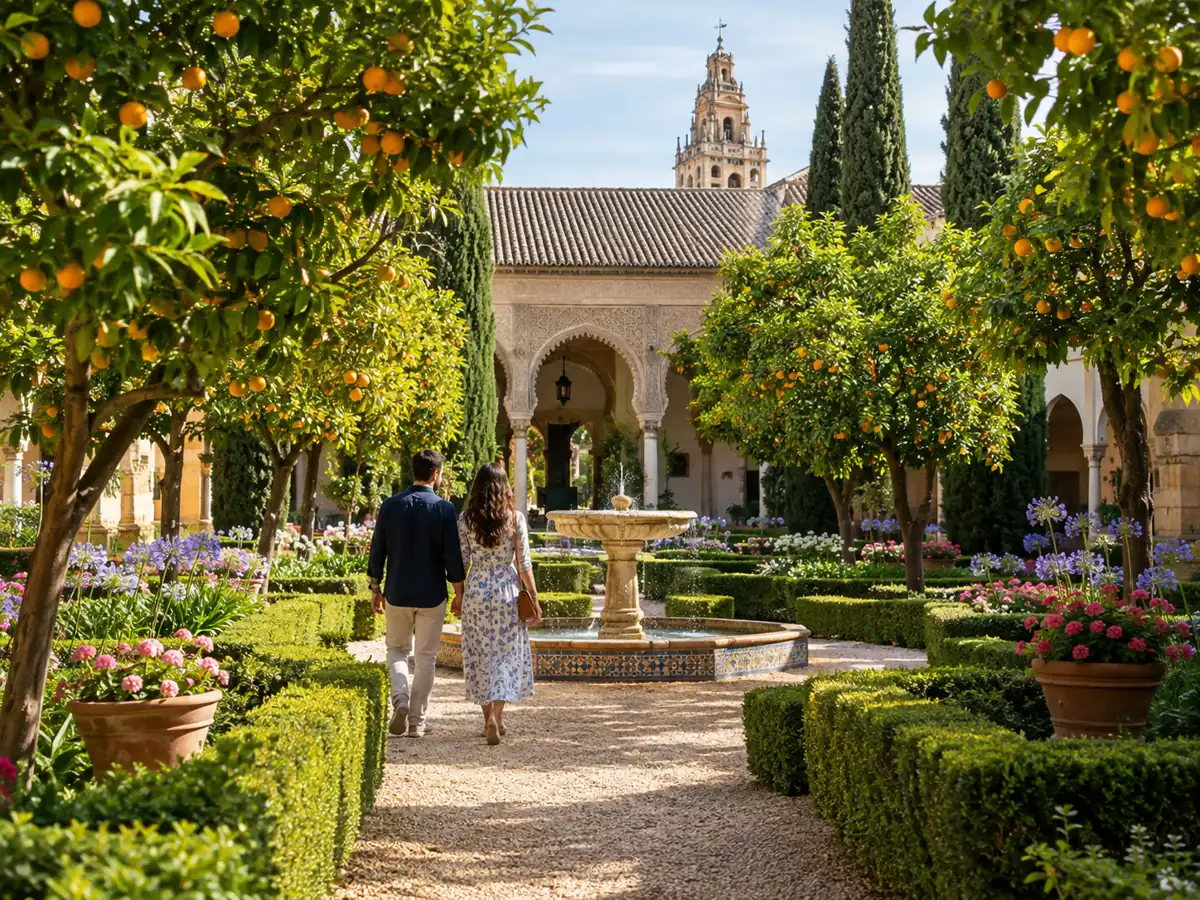 Illustration eines formellen Palastgartens in Córdoba mit Orangenbäumen, Buchsbaumhecken und einem Steinbrunnen